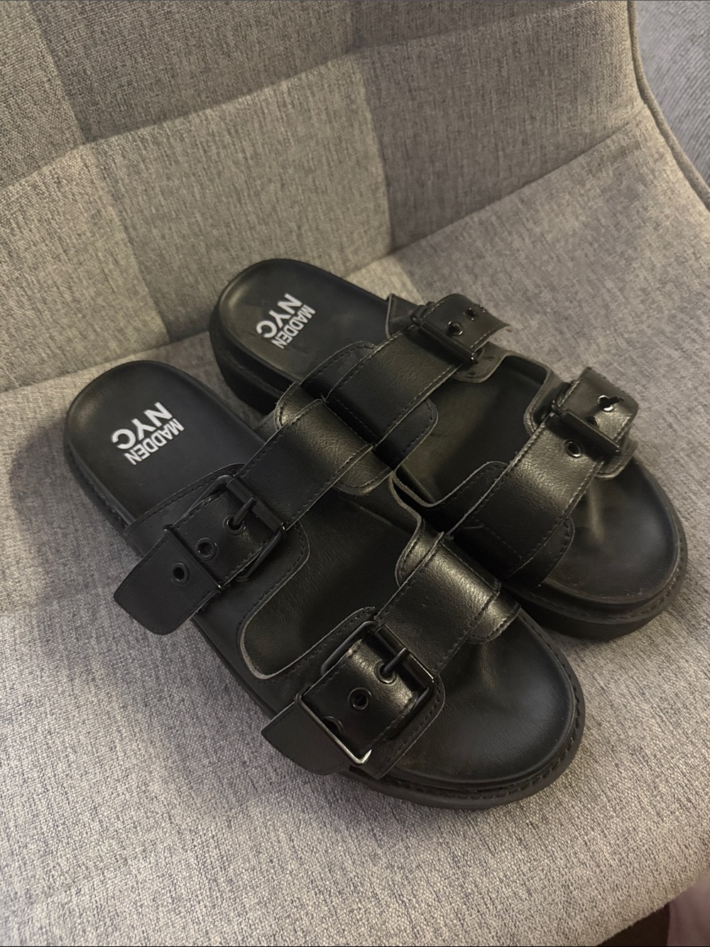 Madden NYC Black Double-Buckle Platform Slide Sandals